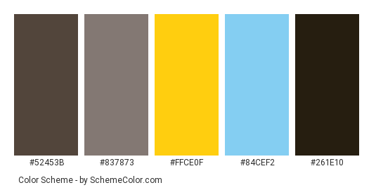 Creative - Color scheme palette thumbnail - #52453b #837873 #ffce0f #84cef2 #261e10 
