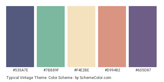 Typical Vintage Theme - Color scheme palette thumbnail - #535A7E #7BB89F #F4E2BE #D99482 #6D5D87 