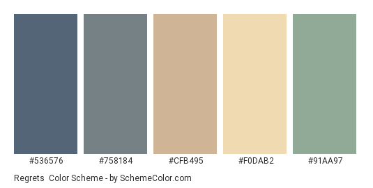 Regrets - Color scheme palette thumbnail - #536576 #758184 #CFB495 #F0DAB2 #91AA97 