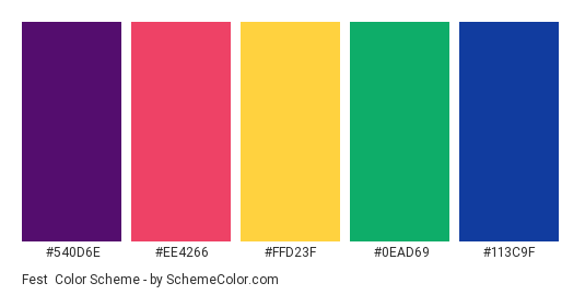 Fest - Color scheme palette thumbnail - #540d6e #ee4266 #ffd23f #0EAD69 #113C9F 