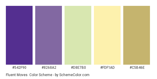 Fluent Moves - Color scheme palette thumbnail - #542f90 #8268a2 #d8e7b0 #fdf1ad #c5b46e 