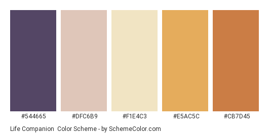 Life Companion - Color scheme palette thumbnail - #544665 #DFC6B9 #F1E4C3 #E5AC5C #CB7D45 