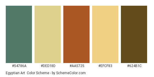 Egyptian Art - Color scheme palette thumbnail - #54786A #DED18D #AA5725 #EFCF83 #624B1C 