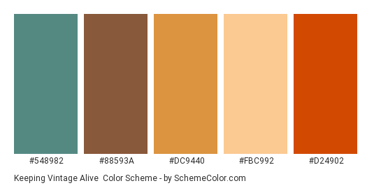 Keeping Vintage Alive - Color scheme palette thumbnail - #548982 #88593a #dc9440 #fbc992 #d24902 