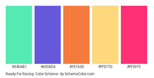 Ready for Racing - Color scheme palette thumbnail - #54EAB1 #6558DA #F57A3D #FFD77D #FF3075 