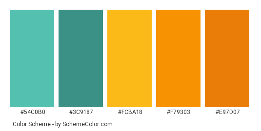 Orange Marigold Calendula - Color scheme palette thumbnail - #54c0b0 #3c9187 #fcba18 #f79303 #e97d07 