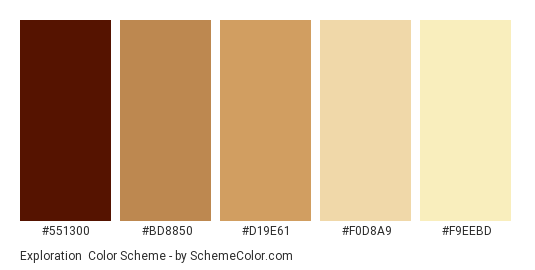 Exploration - Color scheme palette thumbnail - #551300 #BD8850 #D19E61 #F0D8A9 #F9EEBD 