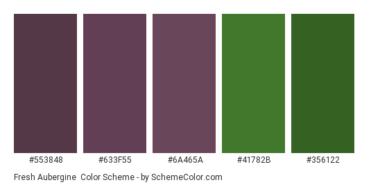 Fresh Aubergine - Color scheme palette thumbnail - #553848 #633f55 #6a465a #41782b #356122 