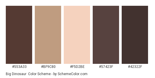 Big Dinosaur - Color scheme palette thumbnail - #553A33 #BF9C80 #F5D2BE #57423F #42322F 