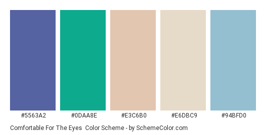 Comfortable for the Eyes - Color scheme palette thumbnail - #5563a2 #0daa8e #e3c6b0 #e6dbc9 #94bfd0 
