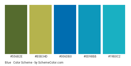 Blue & Olive Green - Color scheme palette thumbnail - #556B2E #B5B34D #006DB0 #0D98BB #19B0C2 