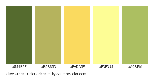 Olive Green & Yellow - Color scheme palette thumbnail - #556B2E #B5B35D #FADA5F #FDFD95 #ACBF61 