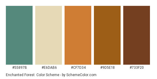 Enchanted Forest - Color scheme palette thumbnail - #55897B #E6DAB6 #CF7D34 #9D5E18 #733F20 