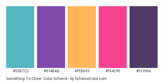 Something to Cheer - Color scheme palette thumbnail - #55B7C2 #814BAB #FEB659 #F64290 #513966 