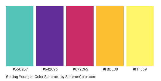 Getting Younger - Color scheme palette thumbnail - #55C2B7 #642C96 #C72C65 #FBBE30 #FFF569 