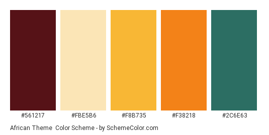 African Theme - Color scheme palette thumbnail - #561217 #fbe5b6 #f8b735 #f38218 #2c6e63 
