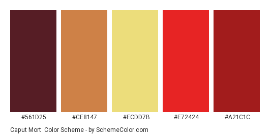 Caput Mort - Color scheme palette thumbnail - #561d25 #ce8147 #ecdd7b #E72424 #A21C1C 