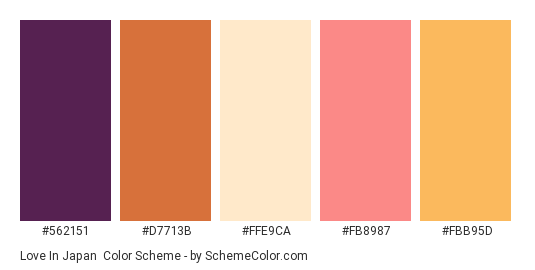 Love in Japan - Color scheme palette thumbnail - #562151 #d7713b #ffe9ca #fb8987 #fbb95d 
