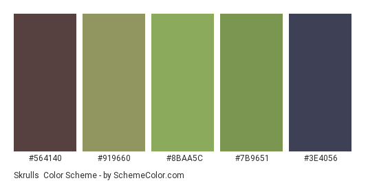 Skrulls - Color scheme palette thumbnail - #564140 #919660 #8BAA5C #7B9651 #3E4056 