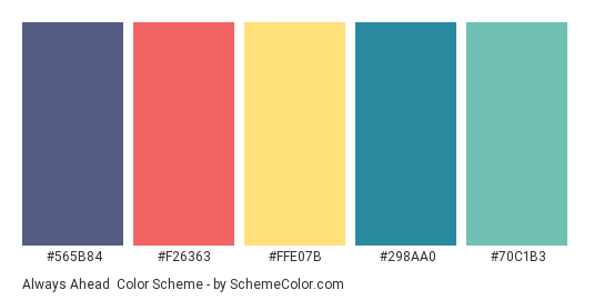 Always Ahead - Color scheme palette thumbnail - #565B84 #F26363 #FFE07B #298AA0 #70C1B3 