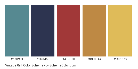 Vintage Girl - Color scheme palette thumbnail - #568991 #2D3450 #A13838 #BE8944 #DFBB59 