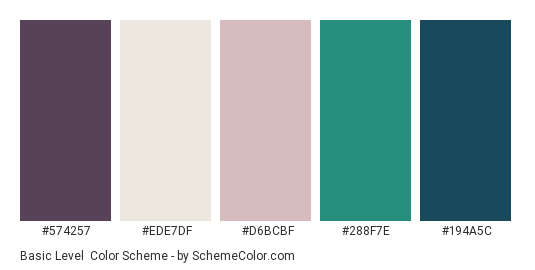Basic Level - Color scheme palette thumbnail - #574257 #EDE7DF #D6BCBF #288F7E #194A5C 