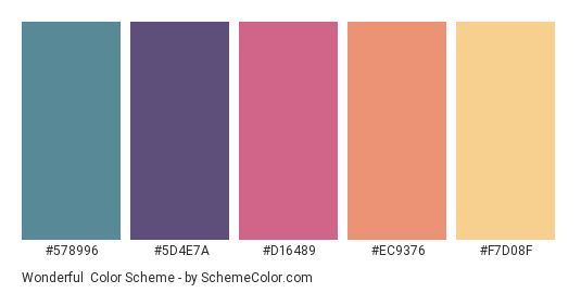 Wonderful - Color scheme palette thumbnail - #578996 #5D4E7A #D16489 #EC9376 #F7D08F 