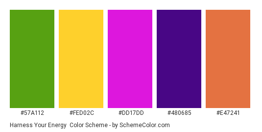 Harness Your Energy - Color scheme palette thumbnail - #57a112 #fed02c #dd17dd #480685 #e47241 