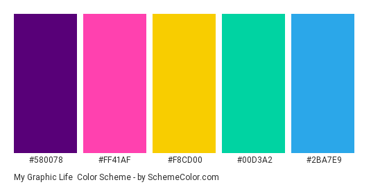 My Graphic Life - Color scheme palette thumbnail - #580078 #FF41AF #F8CD00 #00D3A2 #2BA7E9 