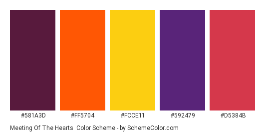 Meeting of the Hearts - Color scheme palette thumbnail - #581a3d #ff5704 #fcce11 #592479 #d5384b 