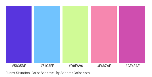 Funny Situation - Color scheme palette thumbnail - #5835de #71c3fe #d0fa96 #f687af #cf4eaf 