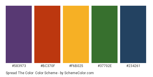 Spread the Color - Color scheme palette thumbnail - #583973 #BC370F #F6B025 #37702E #234261 