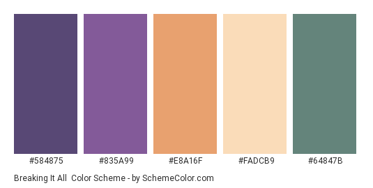 Breaking it All - Color scheme palette thumbnail - #584875 #835A99 #E8A16F #FADCB9 #64847B 