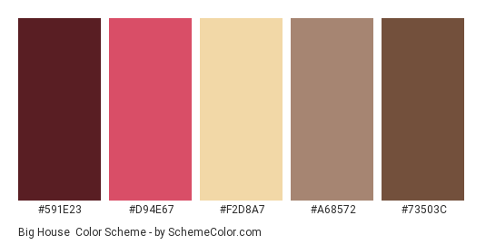 Big House - Color scheme palette thumbnail - #591e23 #d94e67 #f2d8a7 #a68572 #73503c 