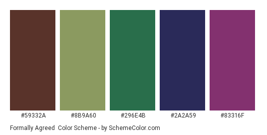 Formally Agreed - Color scheme palette thumbnail - #59332a #8b9a60 #296e4b #2a2a59 #83316f 