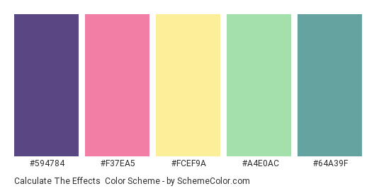 Calculate the Effects - Color scheme palette thumbnail - #594784 #F37EA5 #FCEF9A #A4E0AC #64A39F 