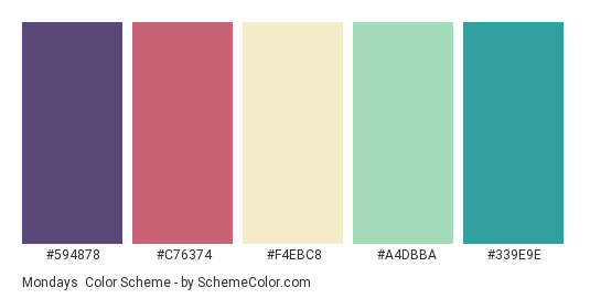 Mondays - Color scheme palette thumbnail - #594878 #C76374 #F4EBC8 #A4DBBA #339E9E 
