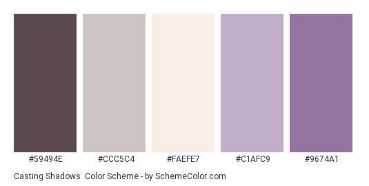 Casting Shadows - Color scheme palette thumbnail - #59494E #CCC5C4 #FAEFE7 #C1AFC9 #9674A1 