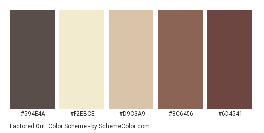 Factored Out - Color scheme palette thumbnail - #594E4A #F2EBCE #D9C3A9 #8C6456 #6D4541 