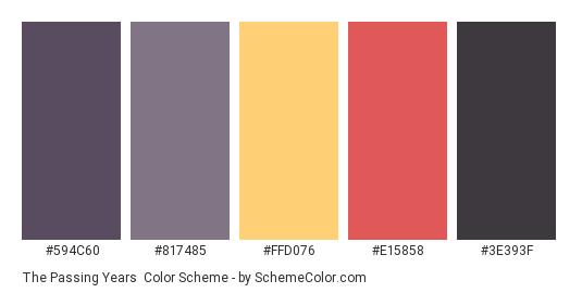 The Passing Years - Color scheme palette thumbnail - #594c60 #817485 #ffd076 #e15858 #3e393f 