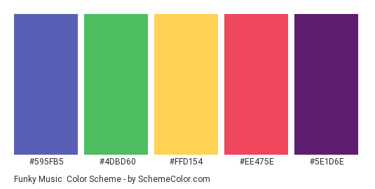 Funky Music - Color scheme palette thumbnail - #595FB5 #4DBD60 #FFD154 #EE475E #5E1D6E 