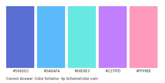 Correct Answer - Color scheme palette thumbnail - #596dd2 #5abafa #68e8e3 #c27ffd #ff99be 