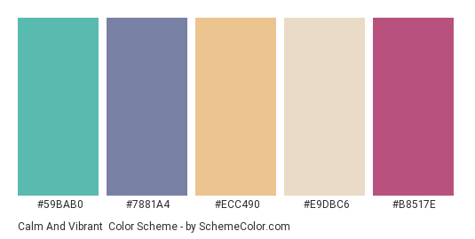 Calm and Vibrant - Color scheme palette thumbnail - #59BAB0 #7881A4 #ECC490 #E9DBC6 #B8517E 