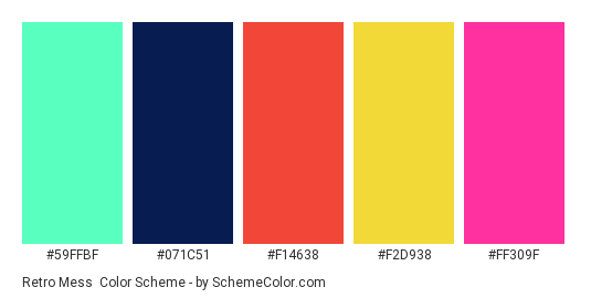 Retro Mess - Color scheme palette thumbnail - #59FFBF #071C51 #F14638 #F2D938 #FF309F 