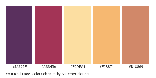 Your Real Face - Color scheme palette thumbnail - #5A305E #A33456 #FCDEA1 #F6B871 #D18869 