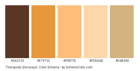 Theropods (Dinosaur) - Color scheme palette thumbnail - #5A3725 #E7973C #FFBF7B #FDD6AB #D4B380 