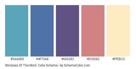 Windows of the Mind - Color scheme palette thumbnail - #5AA5B8 #4F73A8 #605282 #D18282 #FFEBC2 