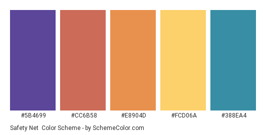 Safety Net - Color scheme palette thumbnail - #5B4699 #CC6B58 #E8904D #FCD06A #388EA4 