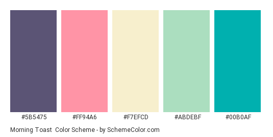 Morning Toast - Color scheme palette thumbnail - #5B5475 #FF94A6 #F7EFCD #ABDEBF #00B0AF 