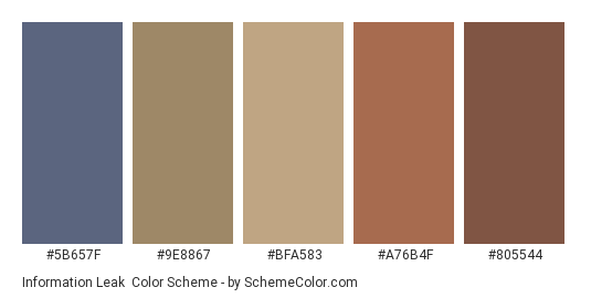 Information Leak - Color scheme palette thumbnail - #5B657F #9e8867 #bfa583 #a76b4f #805544 